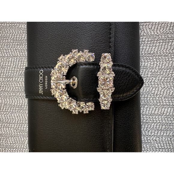 Jimmy Choo Black Leather Trifold Wallet NEW Crystal Jewel Card Holder Small - Picture 5 of 8